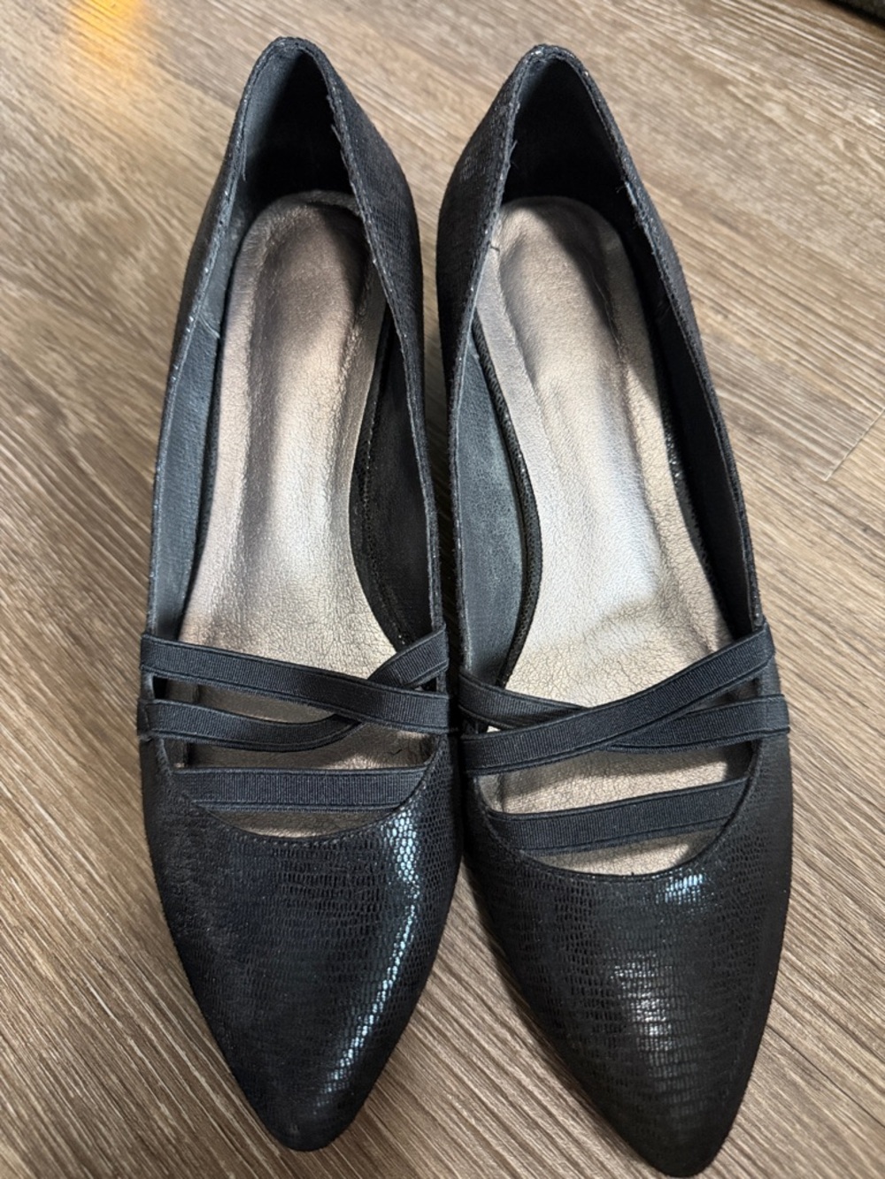 Kim Rogers Black Pointed-Toe Flats with Double Elastic Straps